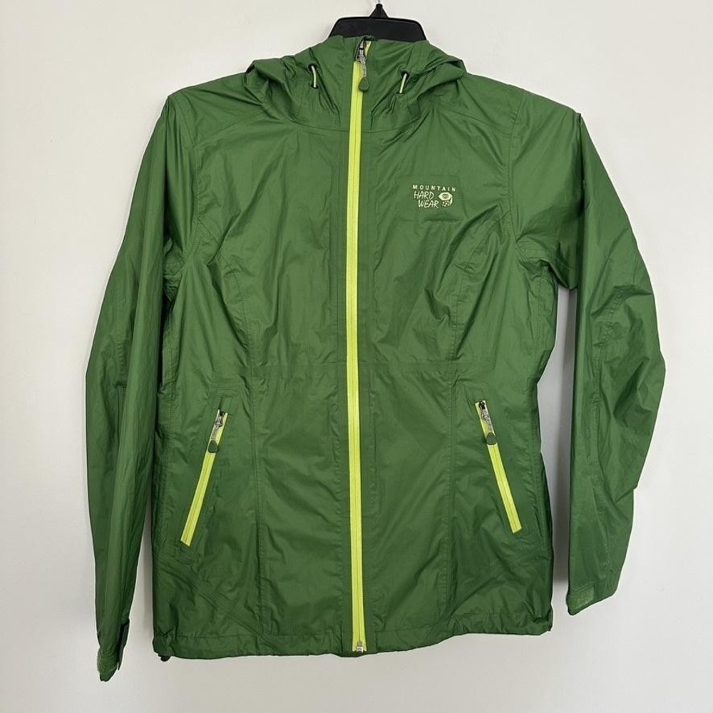 Mountain Hardwear Jacket Small Green Dry Q EVAP Plasmic Hooded Rain Shell Hiking - Picture 2 of 16